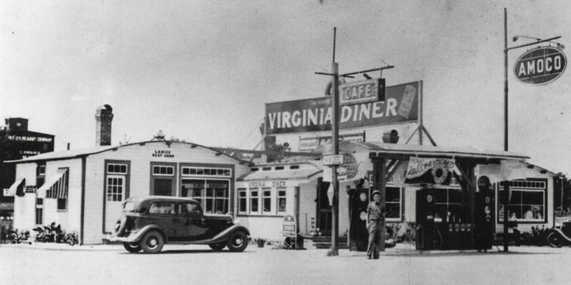 Black and white, historic exterior shot of Virginia Diner