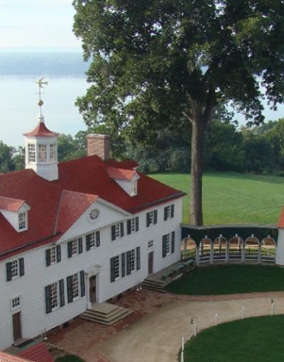 An aerial view of the red-roofed George Washington's Mount Vernon in Fairfax, Virginia, USA.